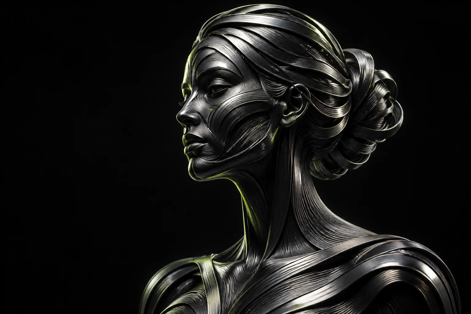 Klaudija, a female sculpture formed from flowing black and silver metallic ribbons
