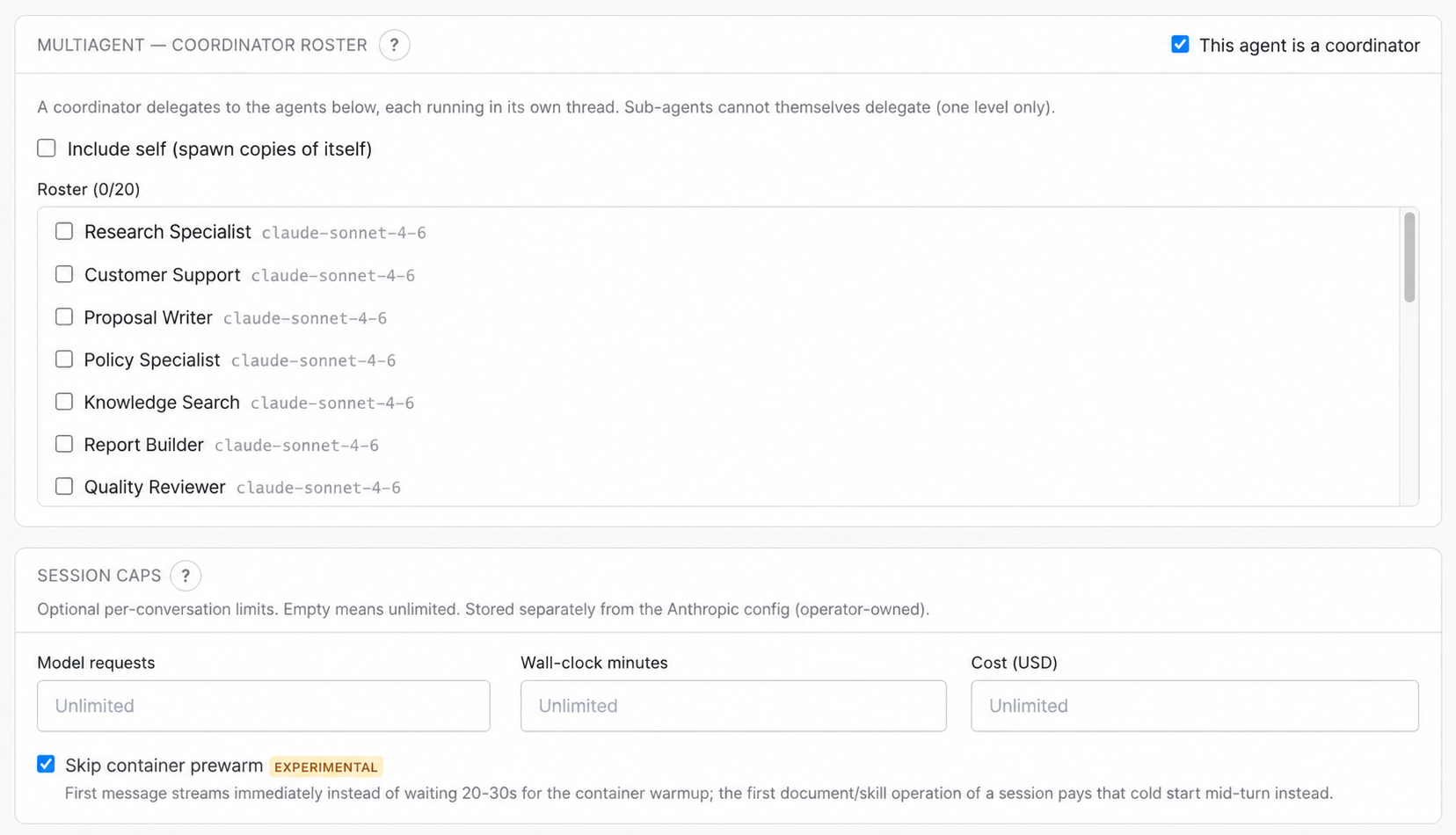 Choose a coordinator’s specialists and inspect the conversation thresholds alongside the roster.