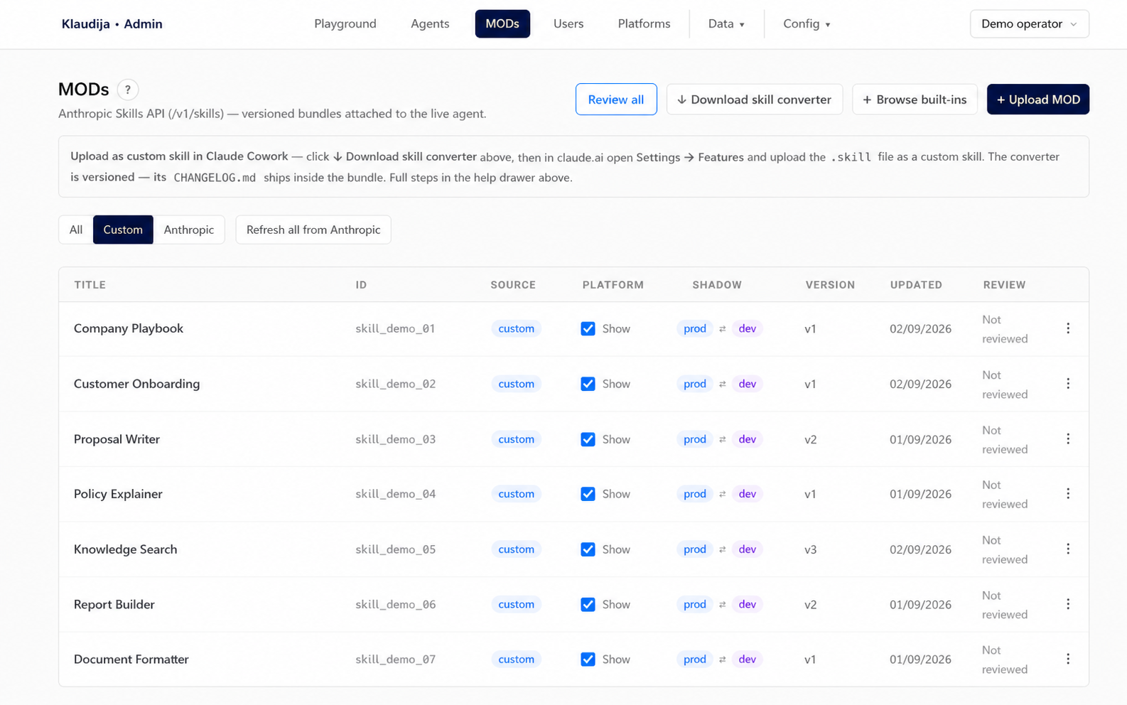 Manage reusable skill bundles, versions, visibility, and compatibility findings.