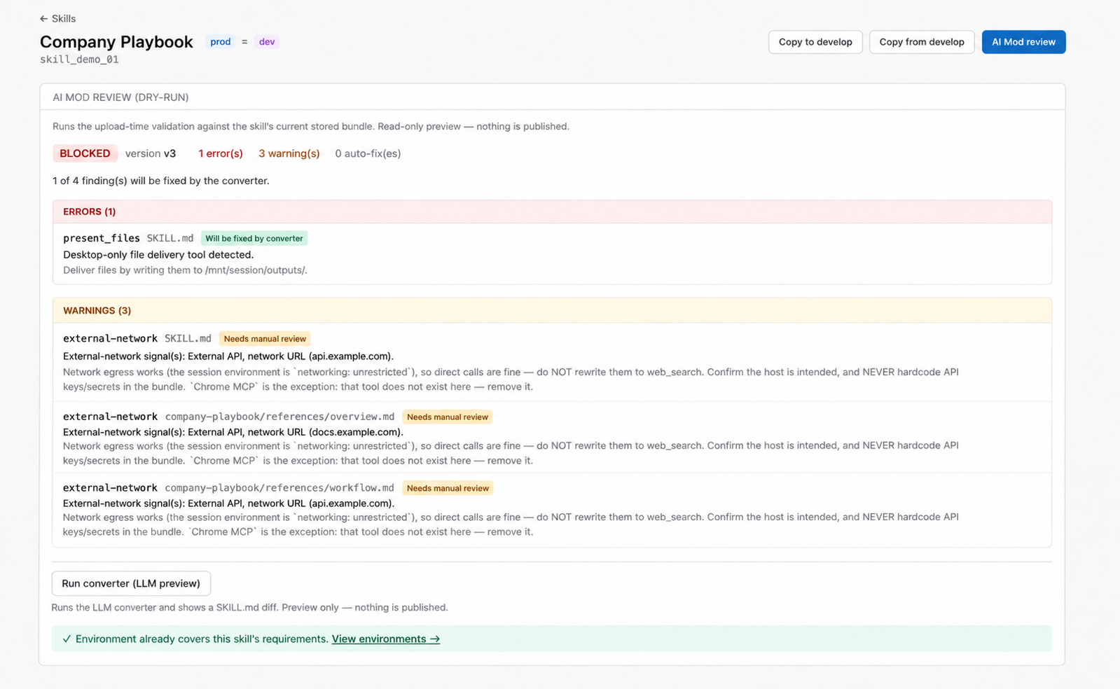 Find desktop-only tools and network assumptions, then choose whether to preview an AI conversion.